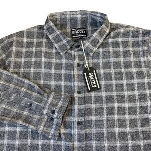 Grizzly Griptape Windowpane Plaid Flannel Shirt Men XL Gray Button Up Aspen NWT